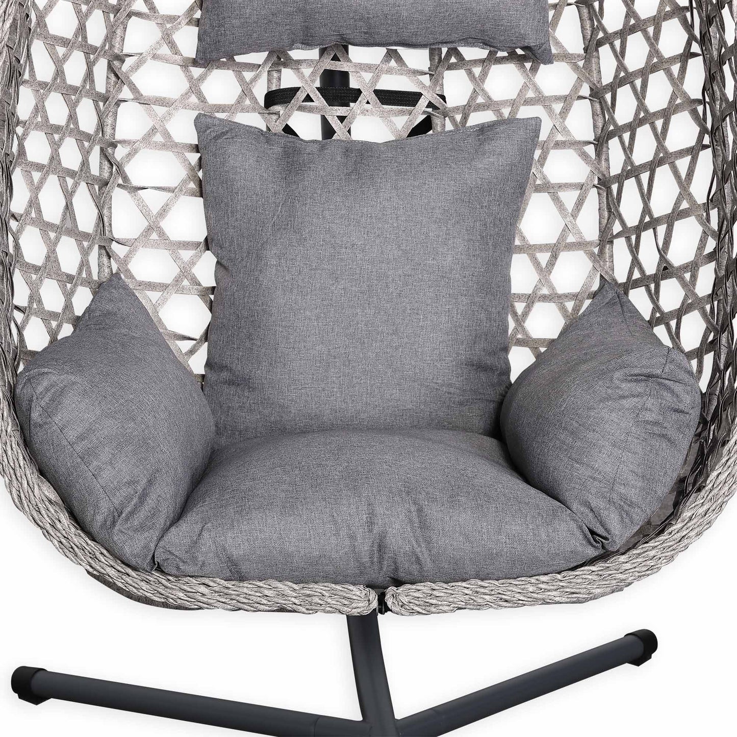 Club Rattan Nest Hanging Egg Swing Chair with Stand, Thick Showerproof Cushions, for Living Room,Balcony or Outdoor, Grey Weave & Black Stand
