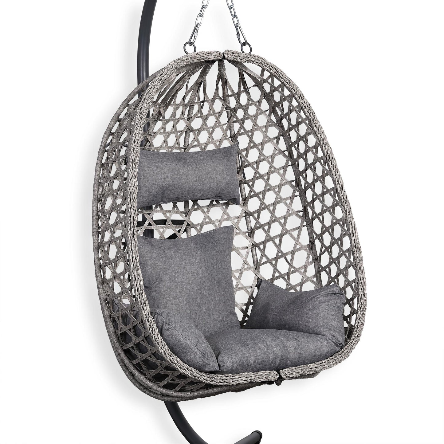 Club Rattan Nest Hanging Egg Swing Chair with Stand, Thick Showerproof Cushions, for Living Room,Balcony or Outdoor, Grey Weave & Black Stand