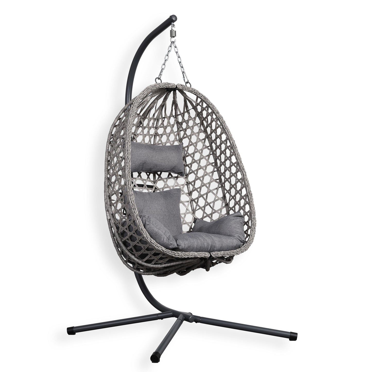 Club Rattan Nest Hanging Egg Swing Chair with Stand, Thick Showerproof Cushions, for Living Room,Balcony or Outdoor, Grey Weave & Black Stand