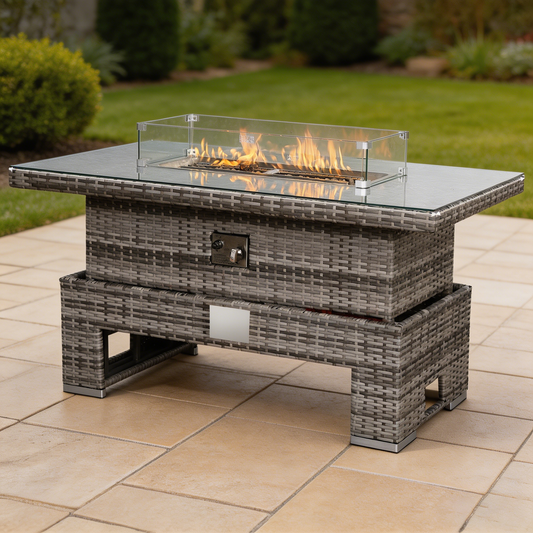 Harmony Gas Firepit Rising Table with Glass Wind Guard & Lava Rocks, 55,000 BTU