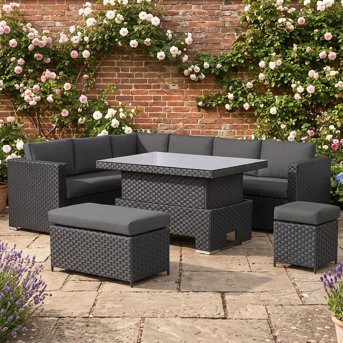 Bath Range Modular Corner Sofa with Rising Table in Large Black Rattan