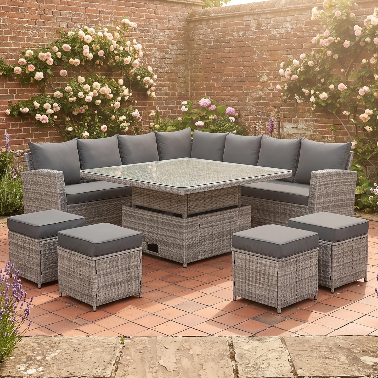 Bristol Range 11 Seater L-Shape Rattan Garden Furniture Set | All-Weather Corner Sofa Dining Set with Free Rain Cover