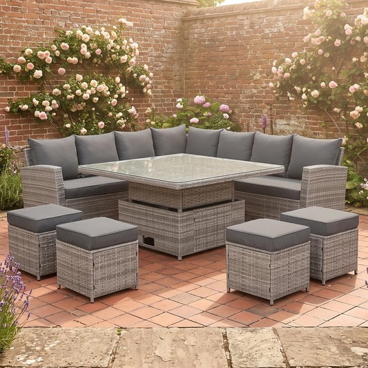 Bristol Range 11 Seater L-Shape Rattan Garden Furniture Set | All-Weather Corner Sofa Dining Set with Free Rain Cover