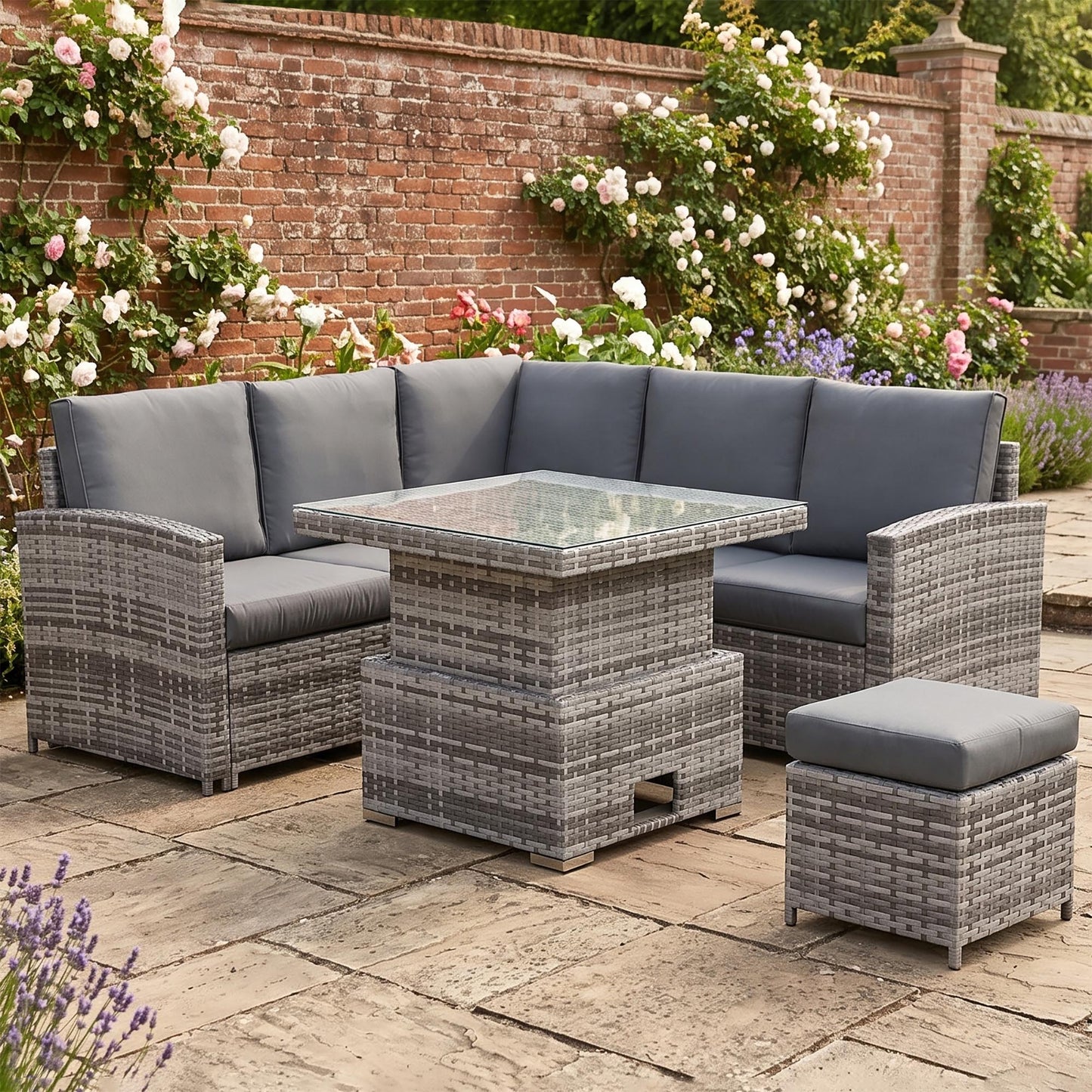 Henley Range High Back Compact Square Corner Sofa Set in Grey Weave with Rising Table