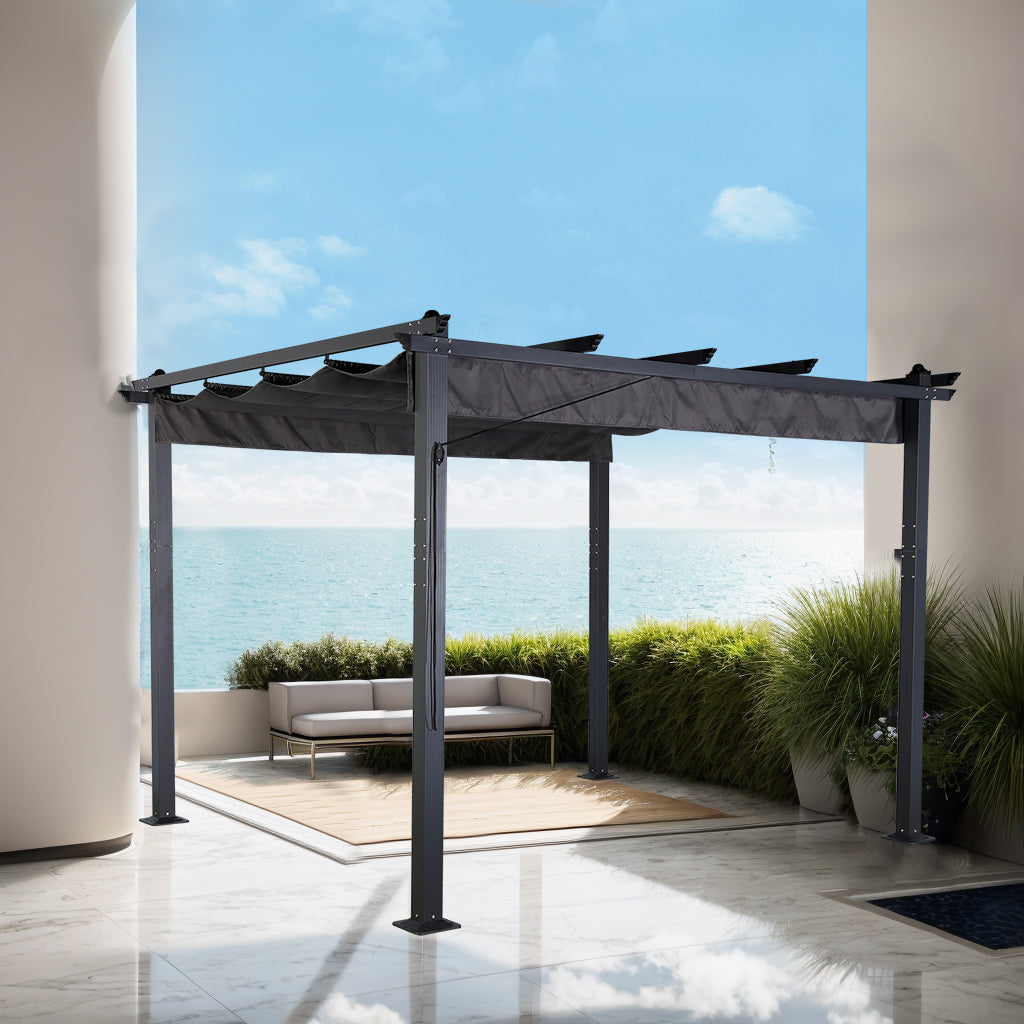 Club Rattan 3 X 4M Aluminium Pergola With Retractable Grey Roof, Large Garden Pergola for BBQ, Outdoor and patio, in Charcoal