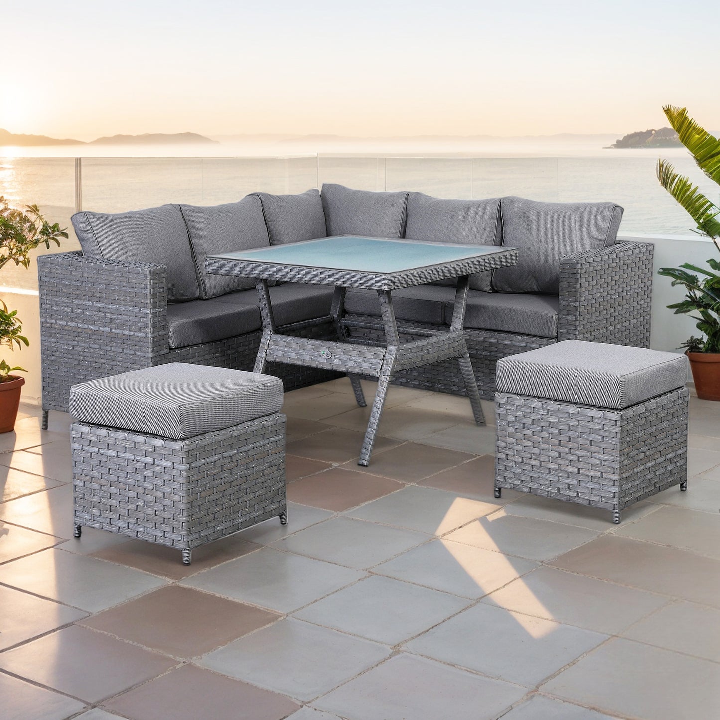 Isobella Range Compact Corner Sofa with Dining Table in Premium Grey Rattan