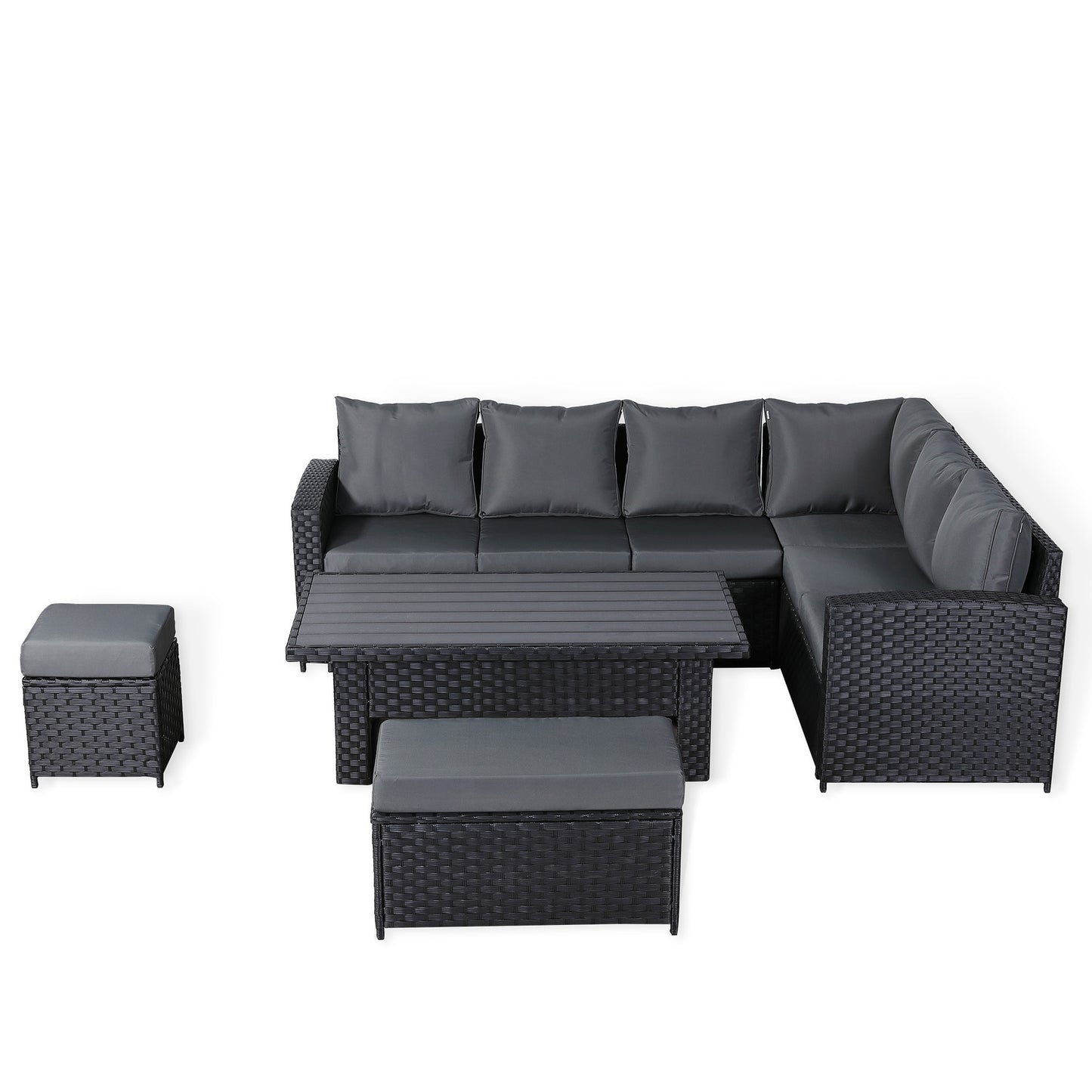 Primo Range High Back RHF Dining Corner Sofa Set in Black Weave with Rising Table (H7)