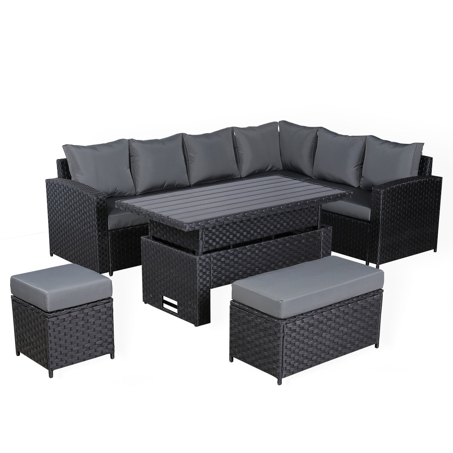 Primo Range High Back RHF Dining Corner Sofa Set in Black Weave with Rising Table (H7)