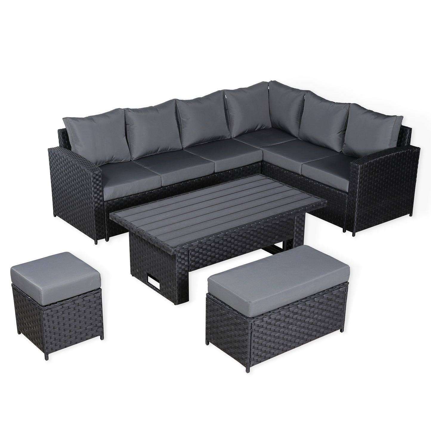 Primo Range High Back RHF Dining Corner Sofa Set in Black Weave with Rising Table (H7)