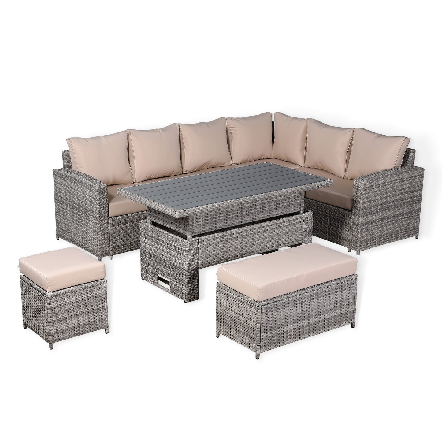 Ashley Range Right Hand Corner Sofa Set with Rising Table in Light Grey Rattan (M7)