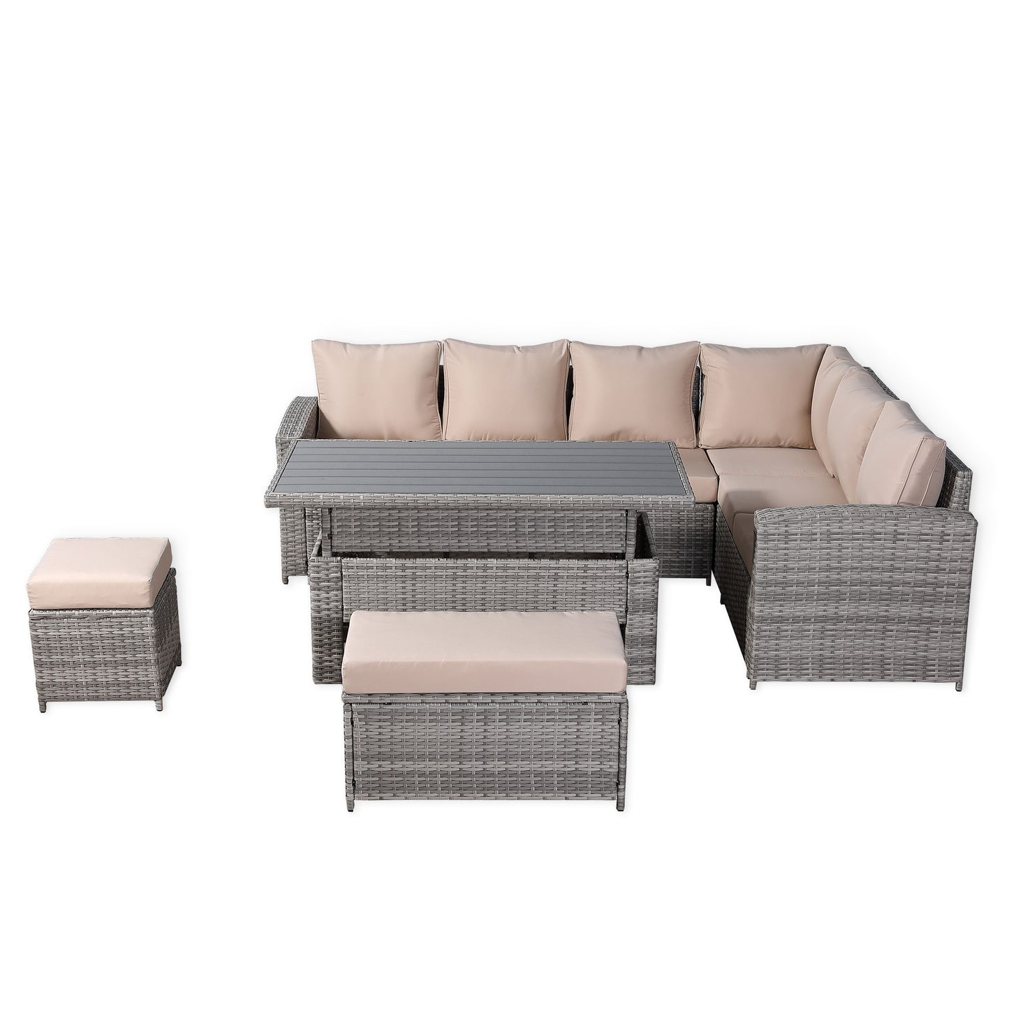 Ashley Range Right Hand Corner Sofa Set with Rising Table in Light Grey Rattan (M7)