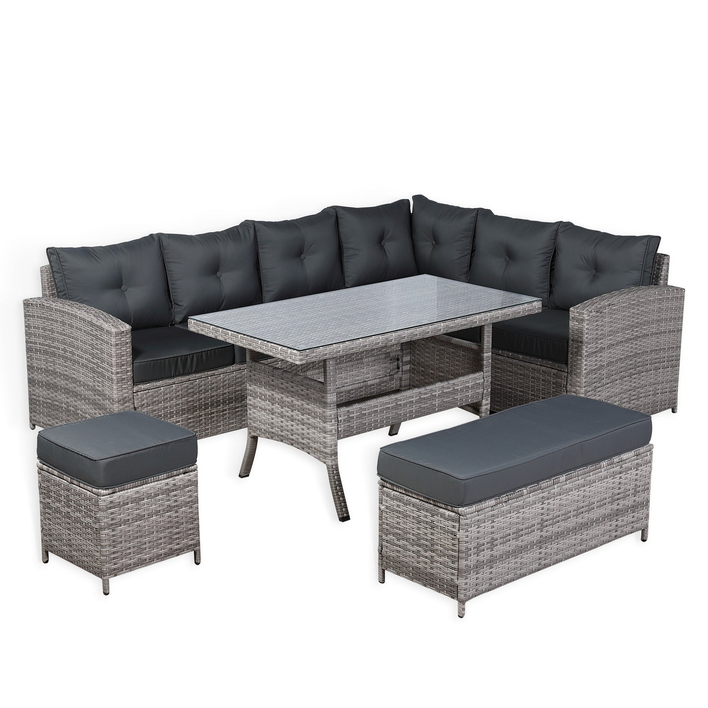 Charing Right Hand Corner Sofa Set with Dining Table in Beige Grey Rattan (M2)