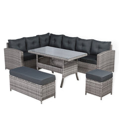 Charing Left Hand Corner Sofa Set with Dining Table in Beige Grey Rattan (M1)