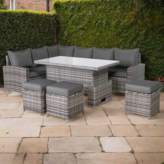 Due in 10/07/25..Henley Range High Back LHF Dining Corner Sofa Set in Grey Weave with Rising Table (KG04)