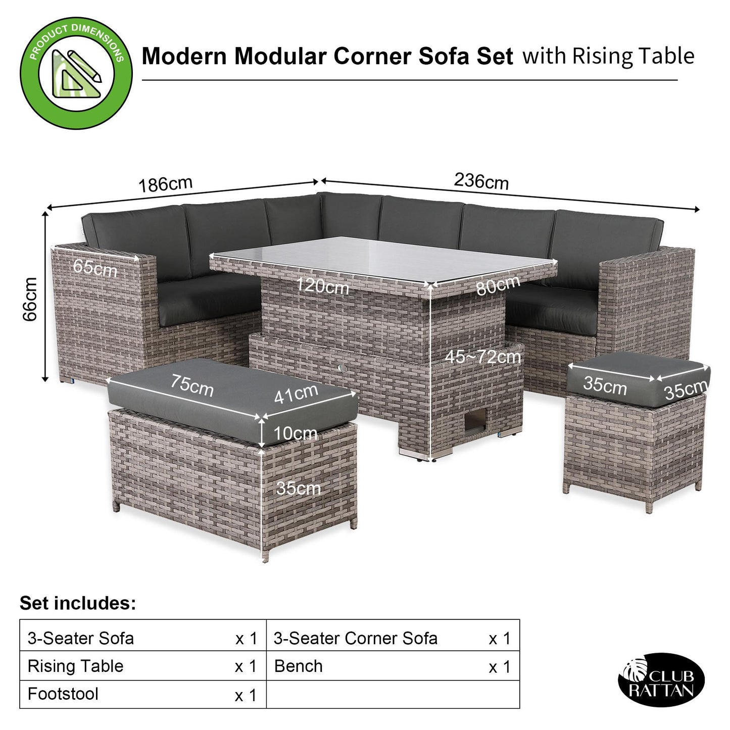 Modern Range Large Modular Corner Sofa with Rising Table in Grey Rattan
