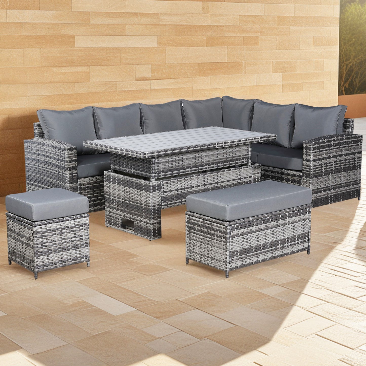 Henley Range High Back RHF Dining Corner Sofa Set in Grey Weave with Rising Table