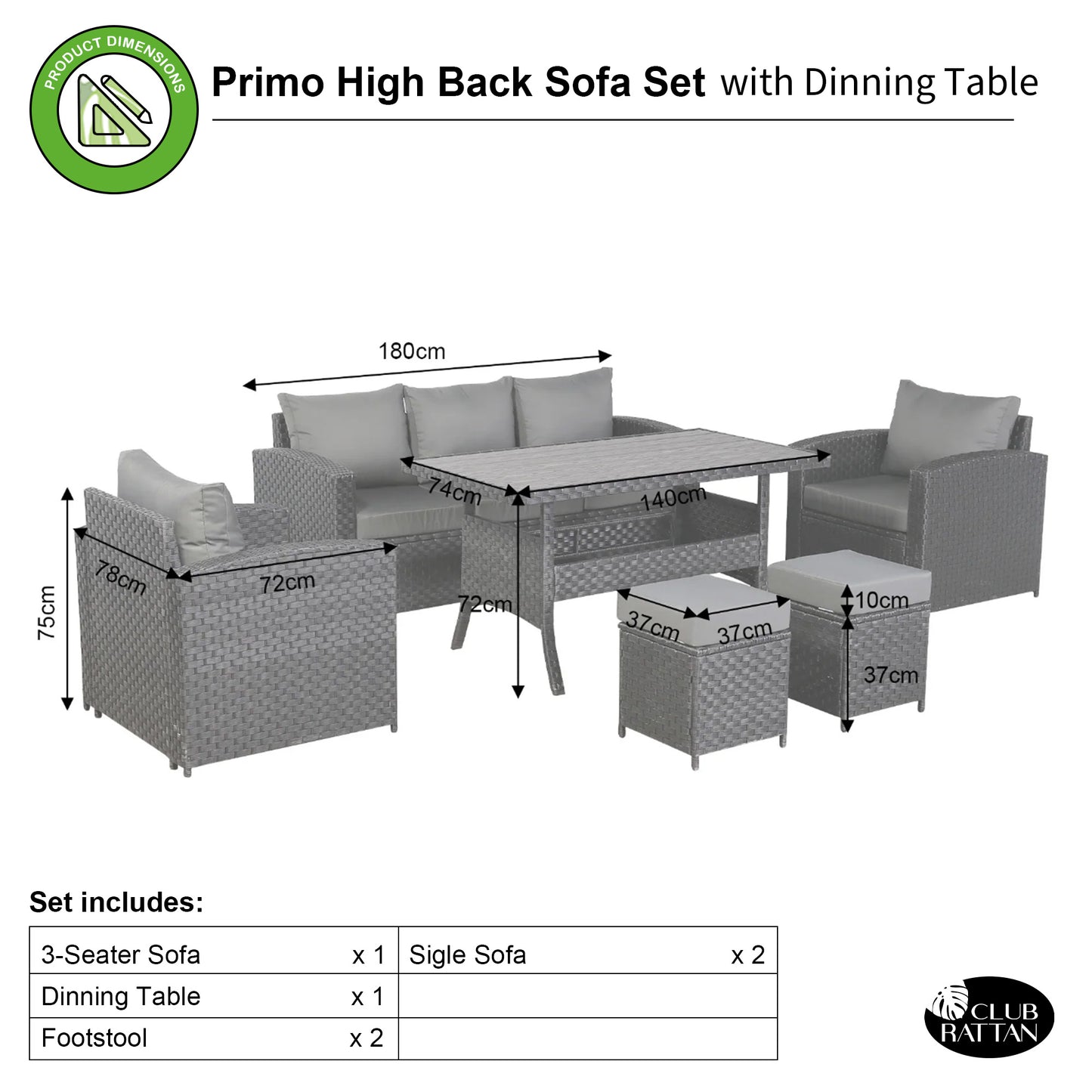 Primo Range High Back Dining Sofa Set in Black Weave with Dining Table