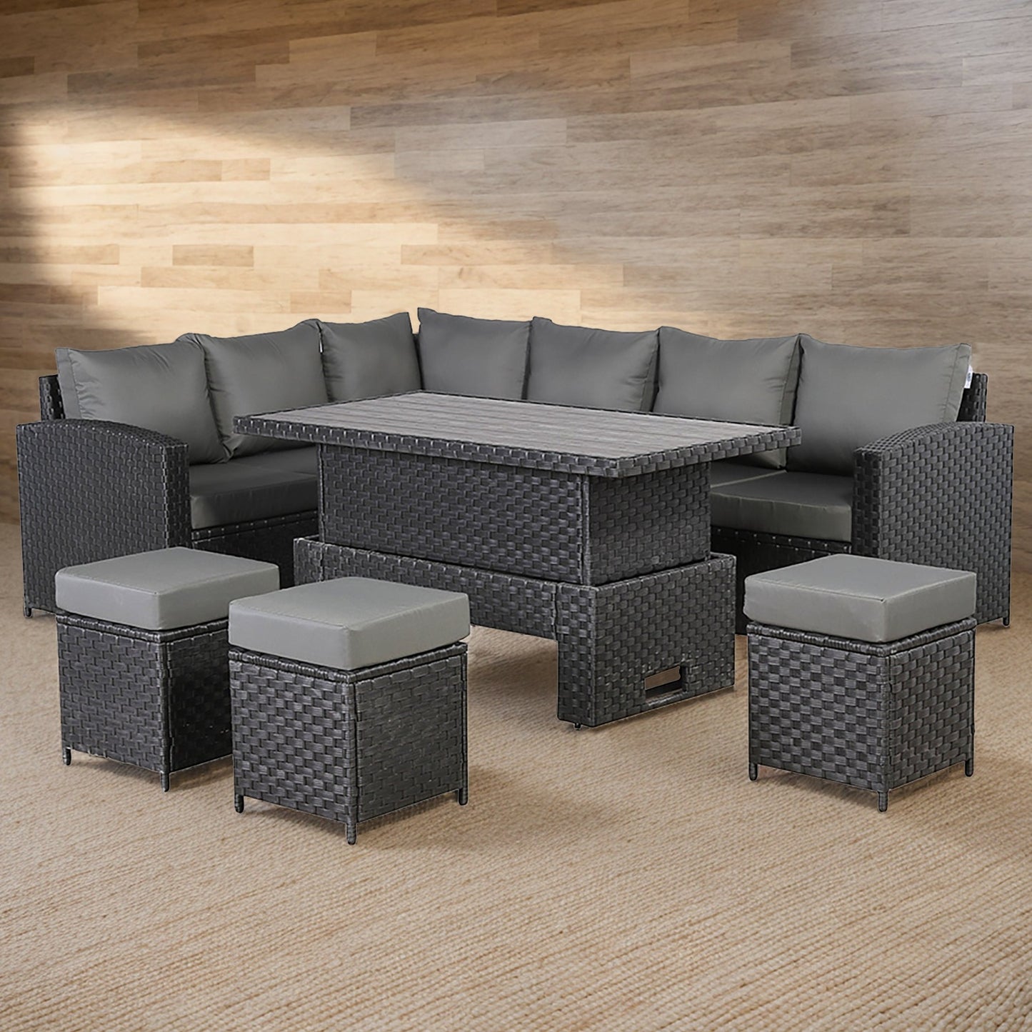 Primo Range High Back LHF Dining Corner Sofa Set in Black Weave with Rising Table