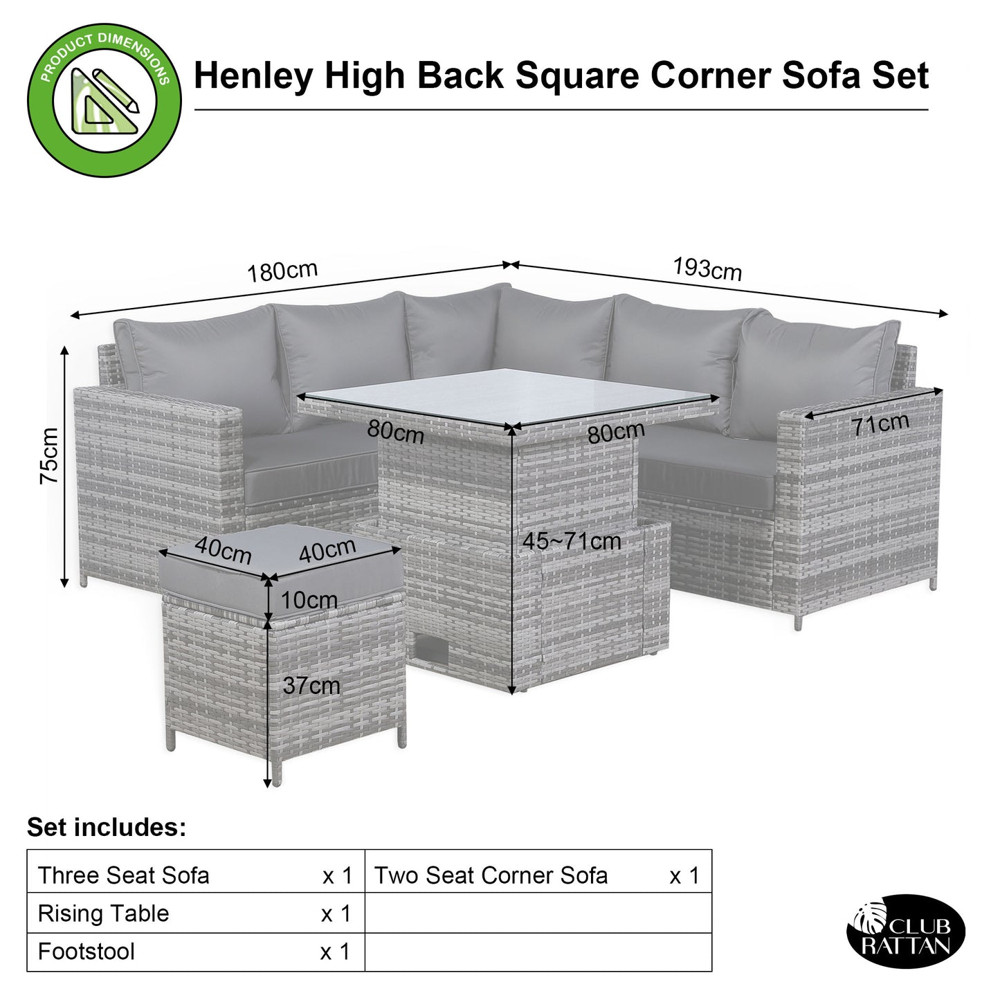 Due in 25/02/25   Henley Range High Back Compact Square Corner Sofa Set in Grey Weave with Rising Table