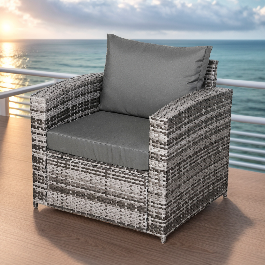 Henley High Back Pair of Arm Chairs in Grey Rattan and Grey Cushions