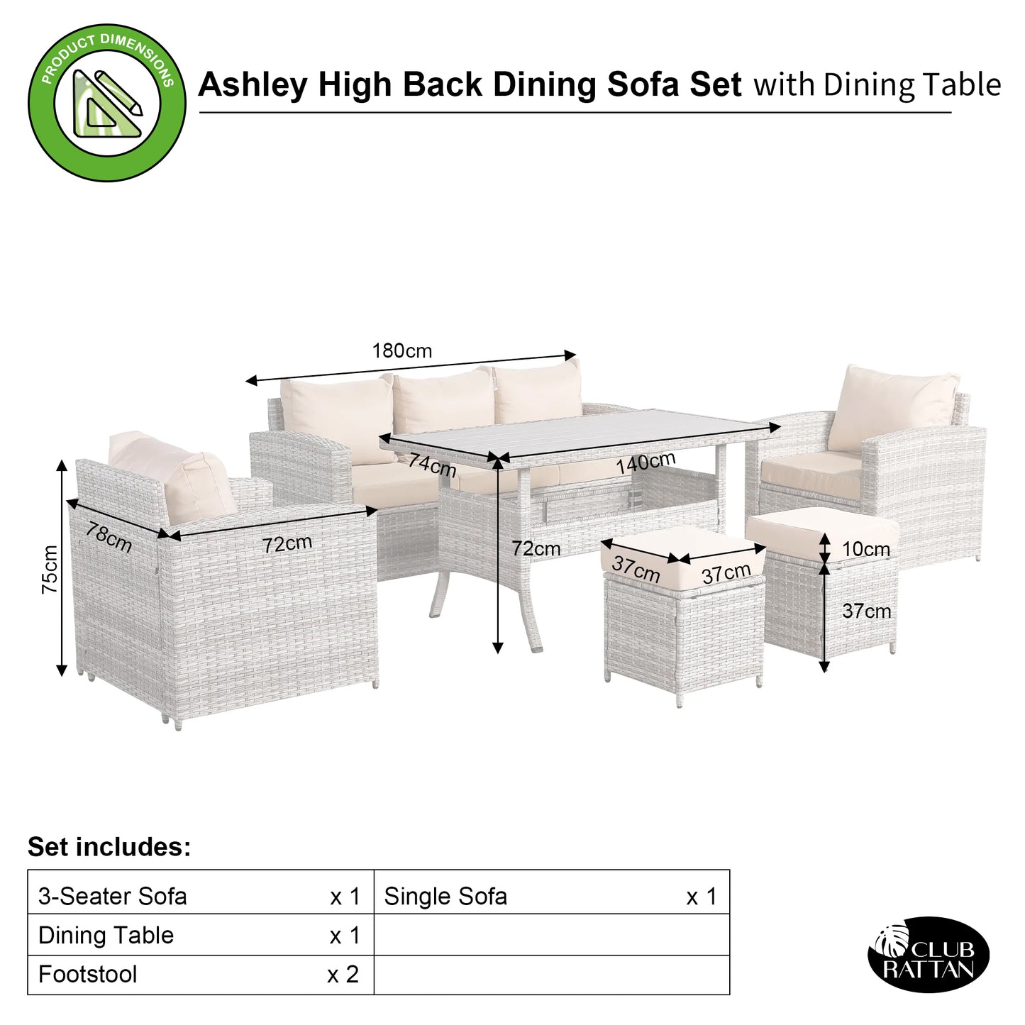 Ashley Range High Back Dining Sofa Set in Light Grey Weave with Dining Table