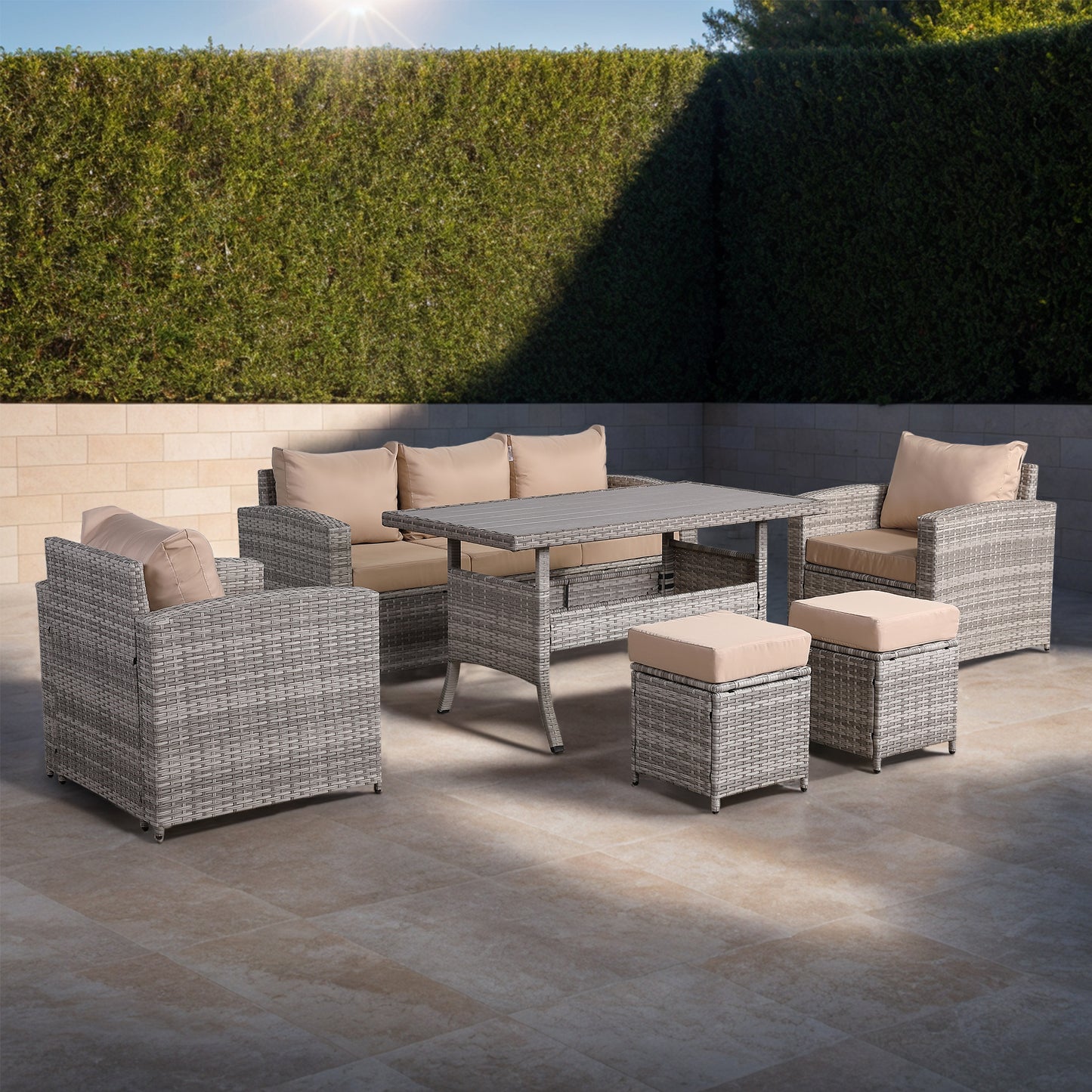 Ashley Range High Back Dining Sofa Set in Light Grey Weave with Dining Table