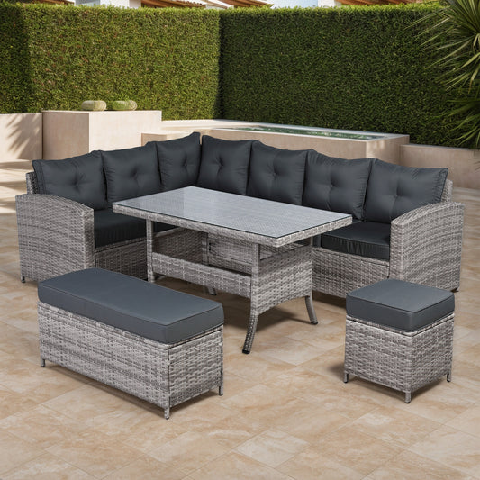 Charing Left Hand Corner Sofa Set with Dining Table in Beige Grey Rattan (M1)