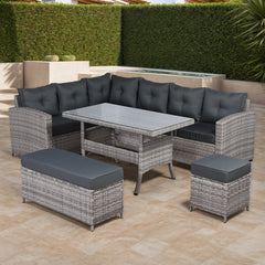 Charing Left Hand Corner Sofa Set with Dining Table in Beige Grey Rattan (M1)