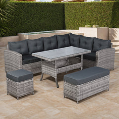 Charing Right Hand Corner Sofa Set with Dining Table in Beige Grey Rattan (M2)