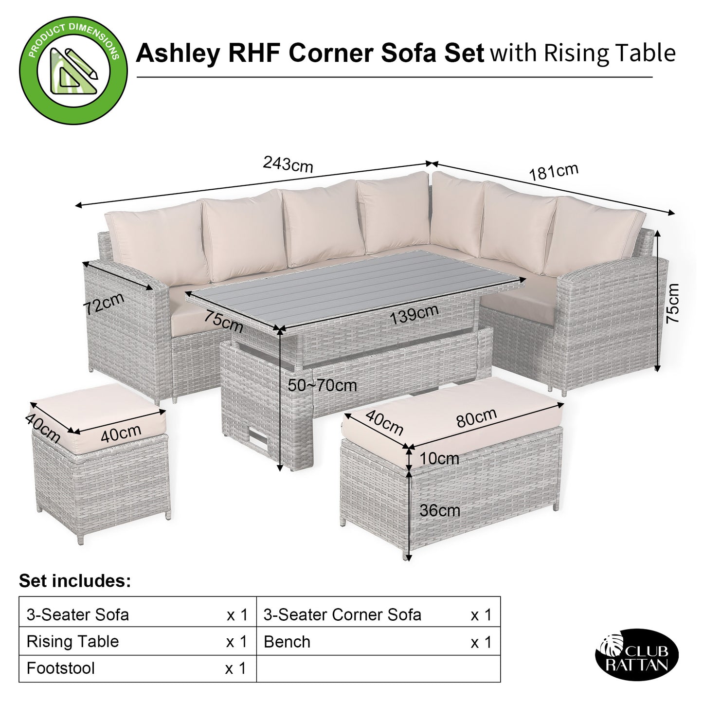 Ashley Range Right Hand Corner Sofa Set with Rising Table in Light Grey Rattan (M7)