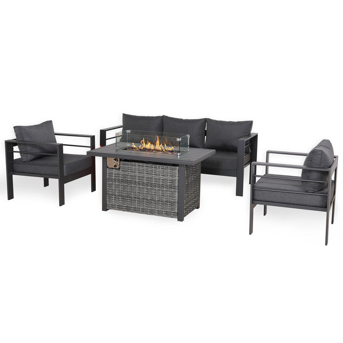PRE ORDER - Flicker Fire Collection | Club Rattan 5‑Seater Aluminium Garden Sofa Set with Gas Fire Pit Table