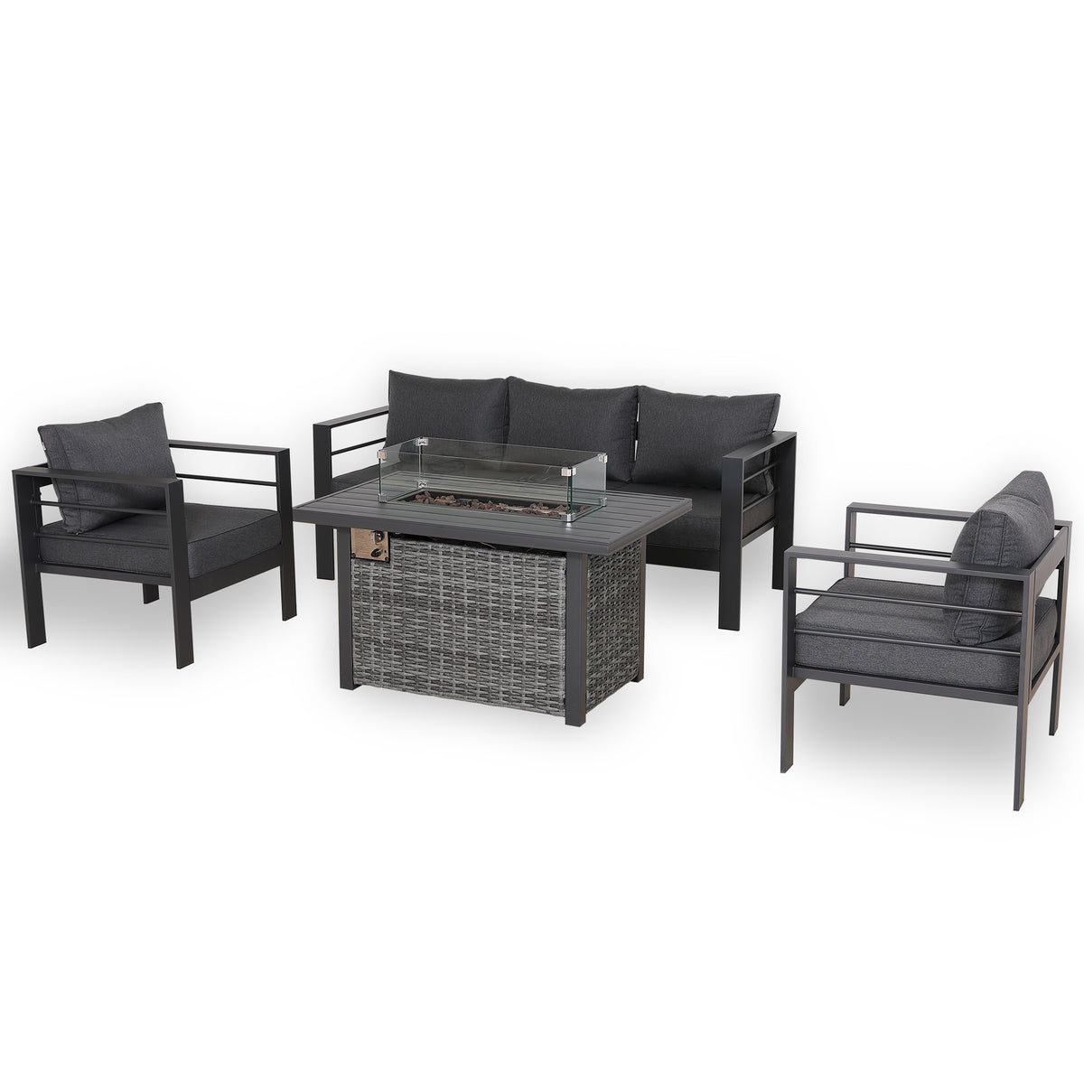 PRE ORDER - Flicker Fire Collection | Club Rattan 5‑Seater Aluminium Garden Sofa Set with Gas Fire Pit Table
