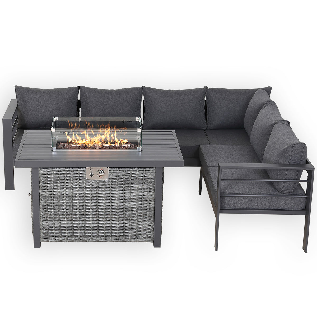 PRE ORDER - Flicker Fire Collection | Club Rattan 6‑Seater Rhf Aluminium Garden Corner Sofa Set with Gas Fire Pit Table