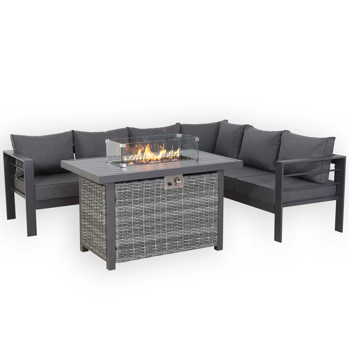 PRE ORDER - Flicker Fire Collection | Club Rattan 6‑Seater Rhf Aluminium Garden Corner Sofa Set with Gas Fire Pit Table