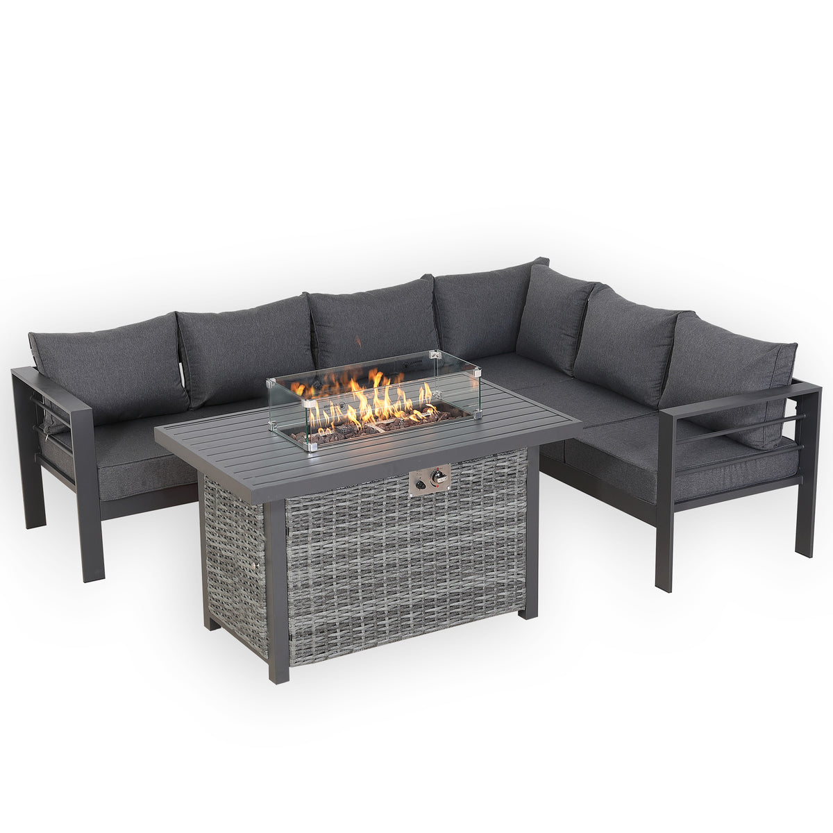 PRE ORDER - Flicker Fire Collection | Club Rattan 6‑Seater Rhf Aluminium Garden Corner Sofa Set with Gas Fire Pit Table