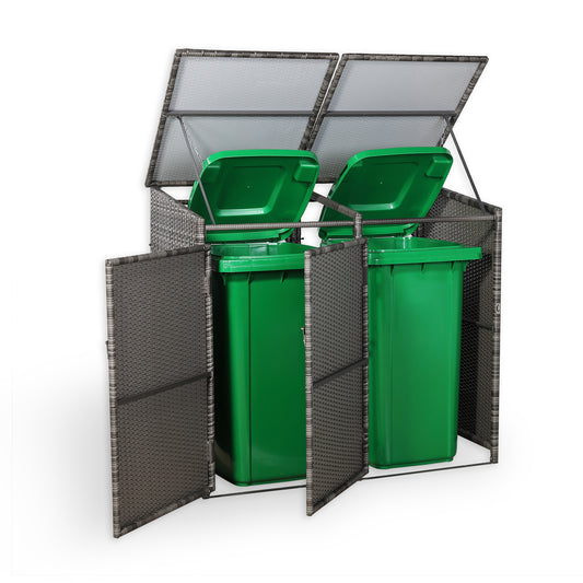 Due in 30/06/25...Club Rattan wheelie bins shed / store in Grey Rattan Weave (WBS-2G)