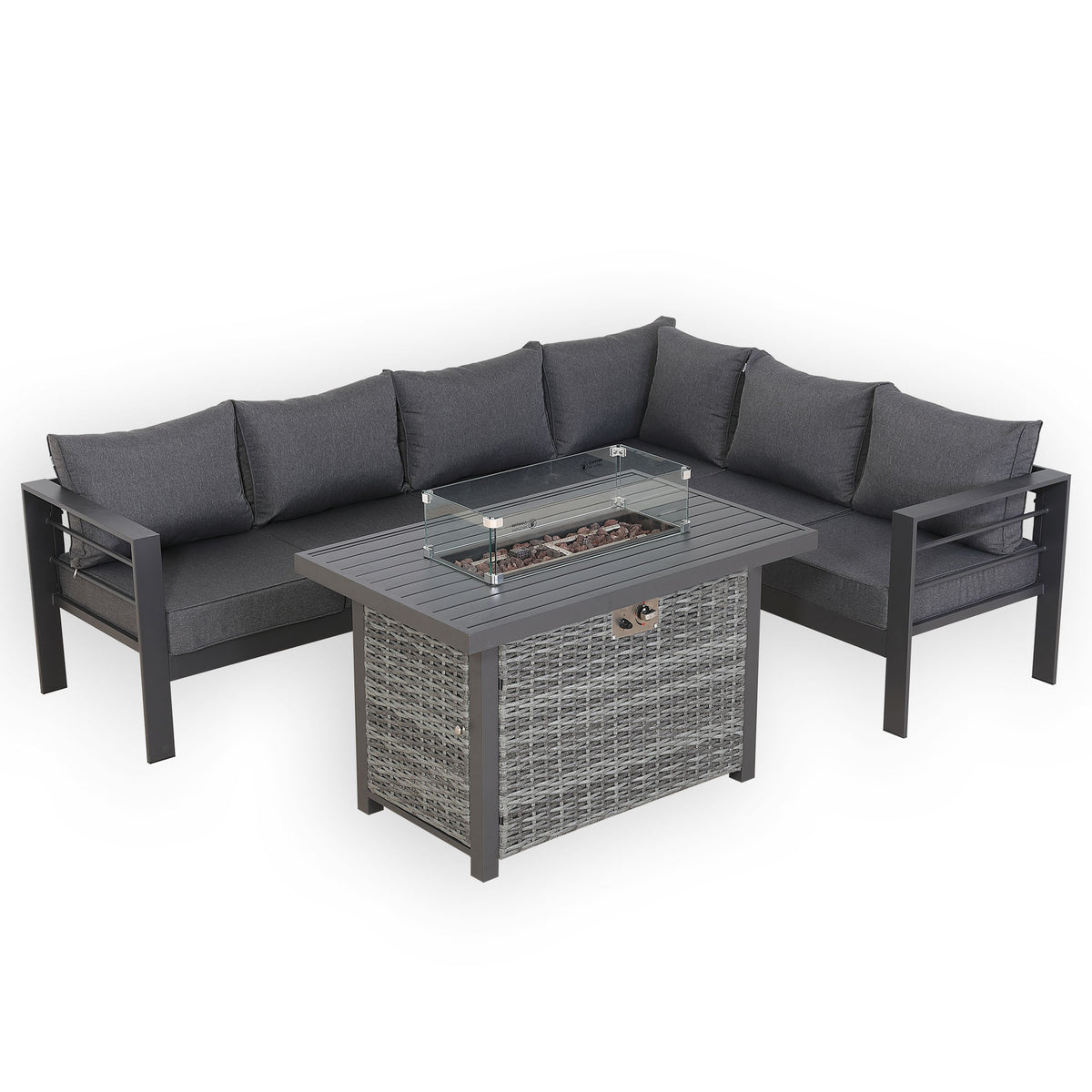PRE ORDER - Flicker Fire Collection | Club Rattan 6‑Seater Rhf Aluminium Garden Corner Sofa Set with Gas Fire Pit Table
