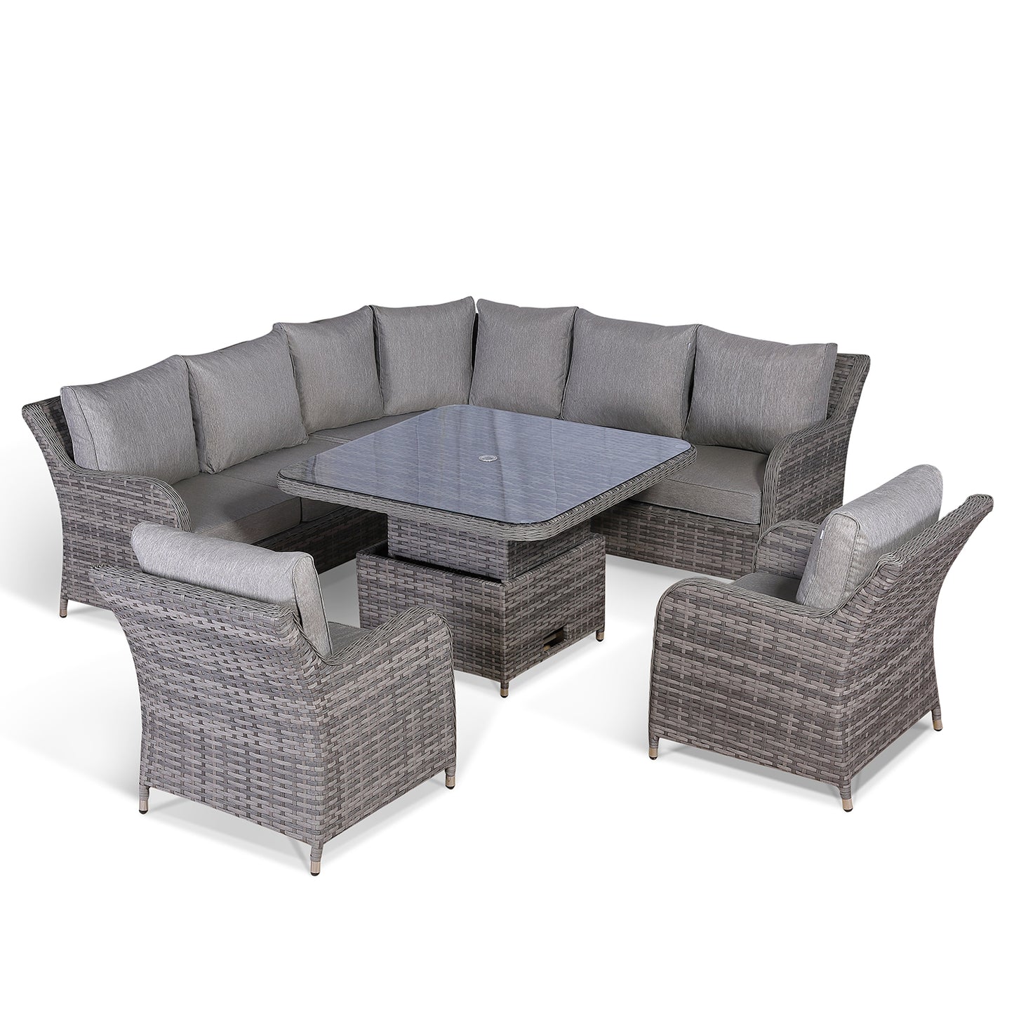 Sicily Range Aluminium Round Corner Set with Rising Table and Two Chairs in Grey Weave