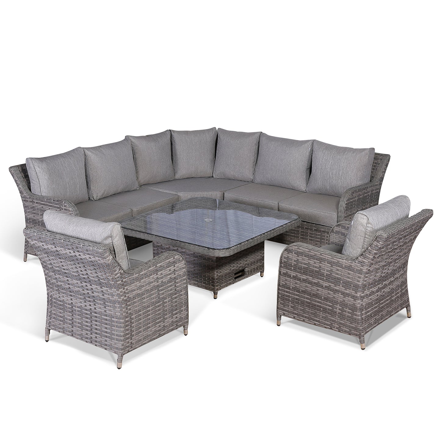 Sicily Range Aluminium Round Corner Set with Rising Table and Two Chairs in Grey Weave