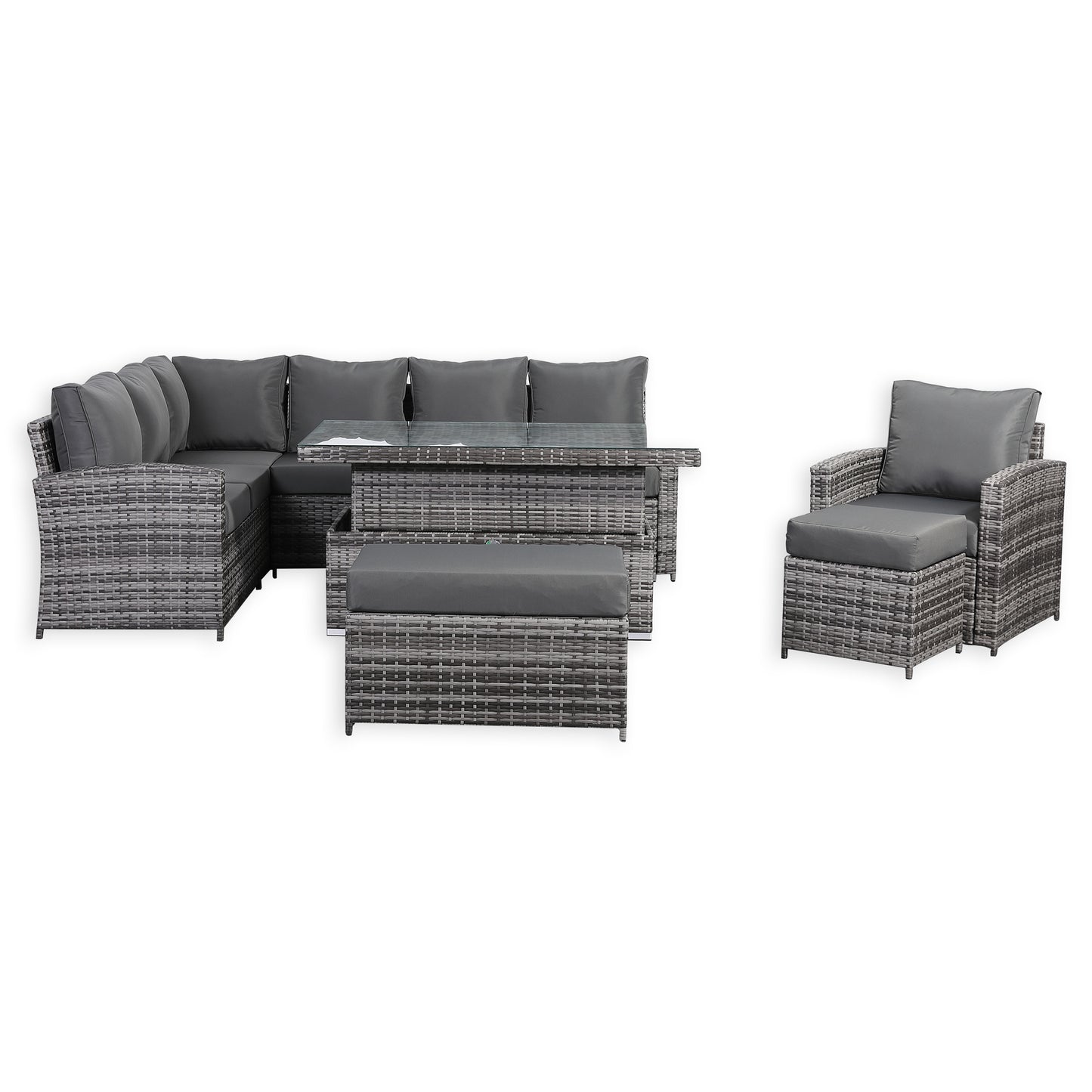 Harmony Range Elite Left Hand Corner Sofa Set with Rising Table and Arm Chair in Grey Rattan