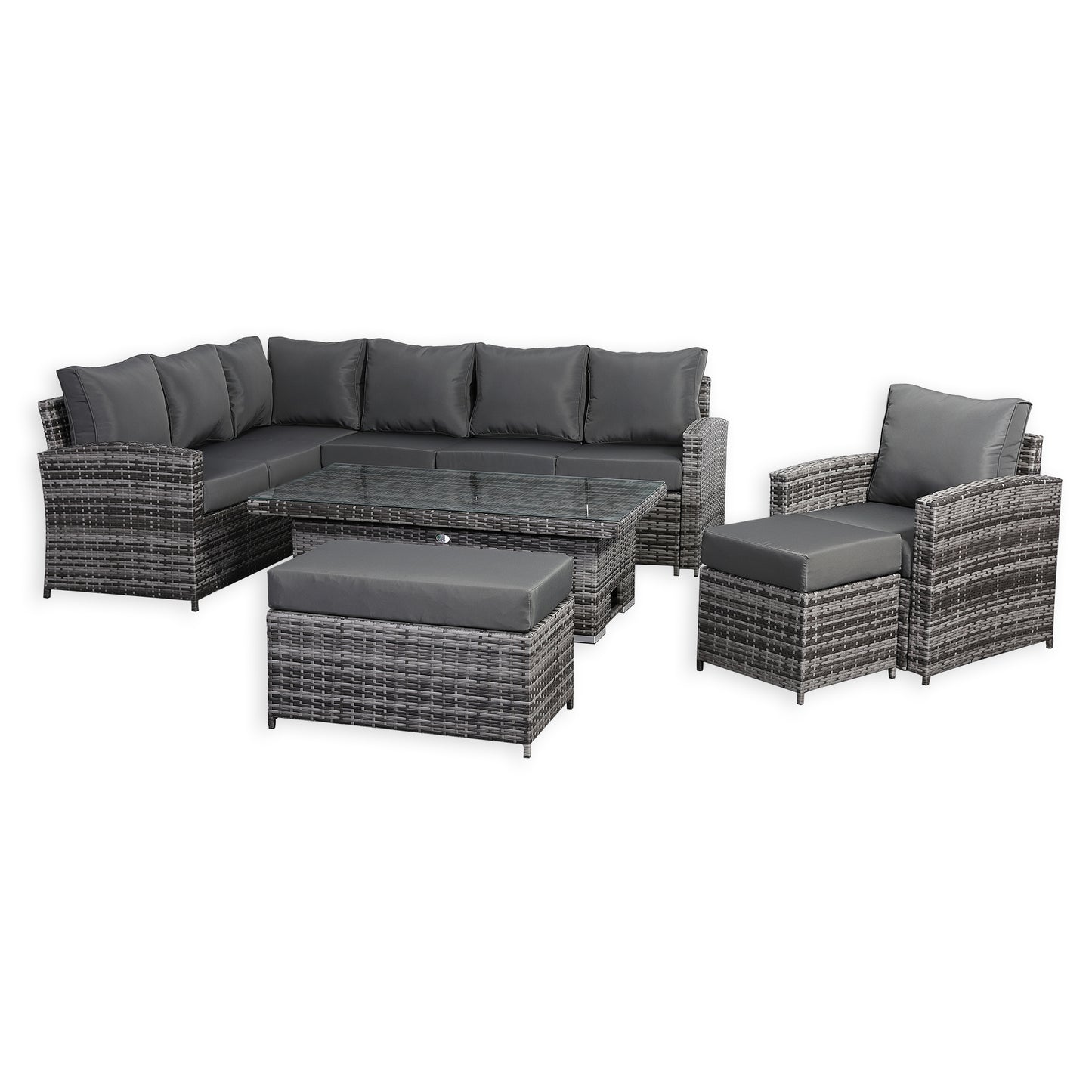 Harmony Range Elite Left Hand Corner Sofa Set with Rising Table and Arm Chair in Grey Rattan