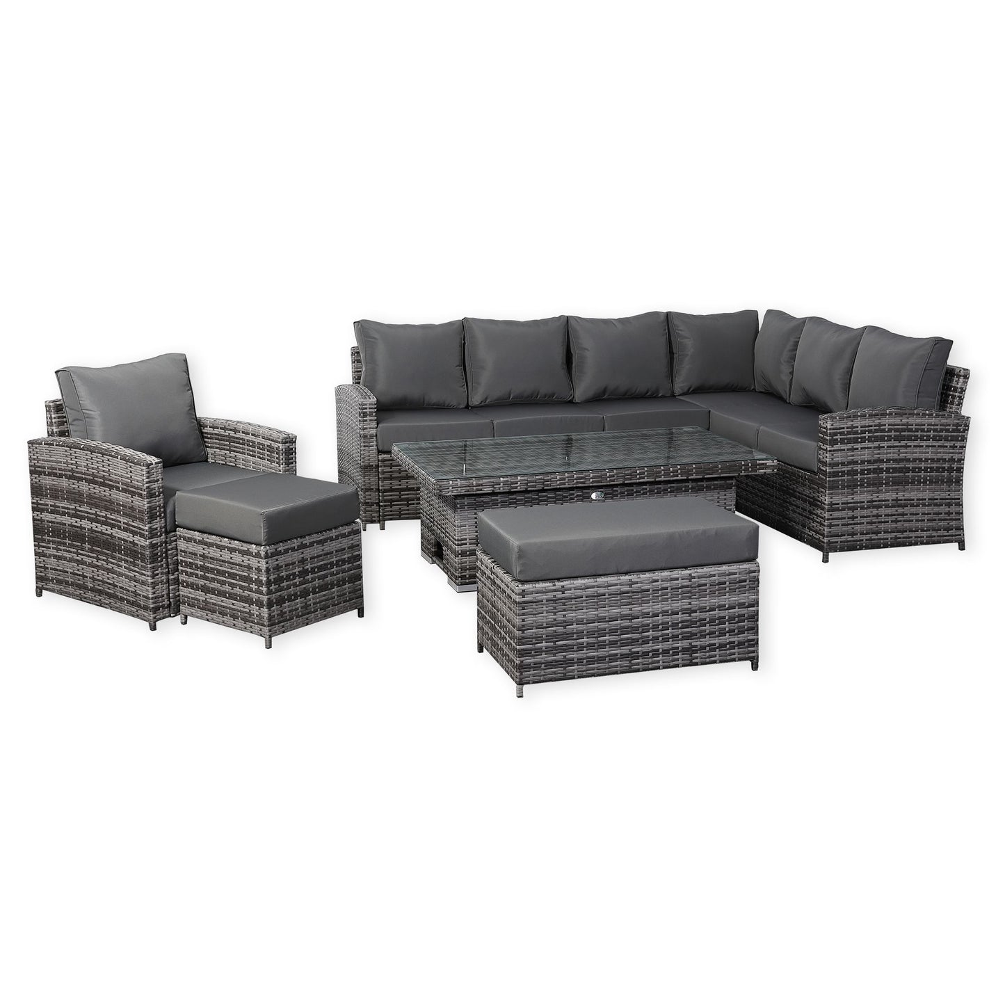 Harmony Range Elite Right Hand Corner Sofa Set with Rising Table and Arm Chair in Grey Rattan