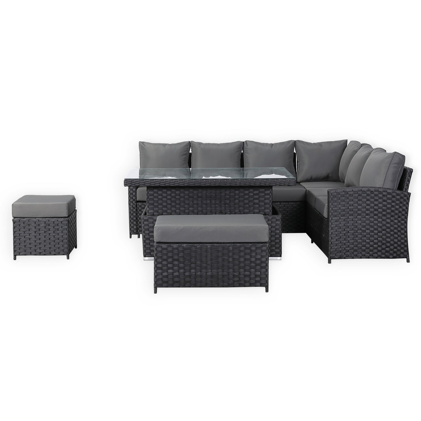 Due in 31/01/25.....Bath Range Right Hand Corner Sofa Set with Rising Table in Large Black Rattan