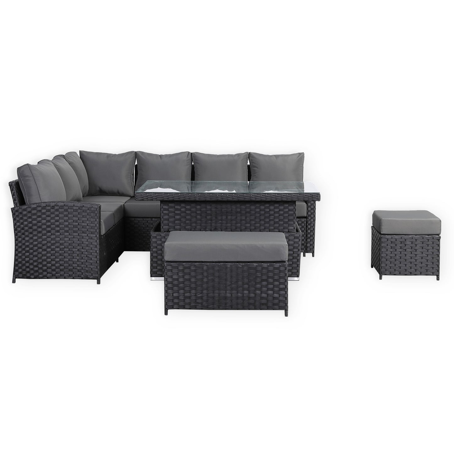 Due in 31/01/25.....Bath Range Left Hand Corner Sofa Set with Rising Table in Large Black Rattan