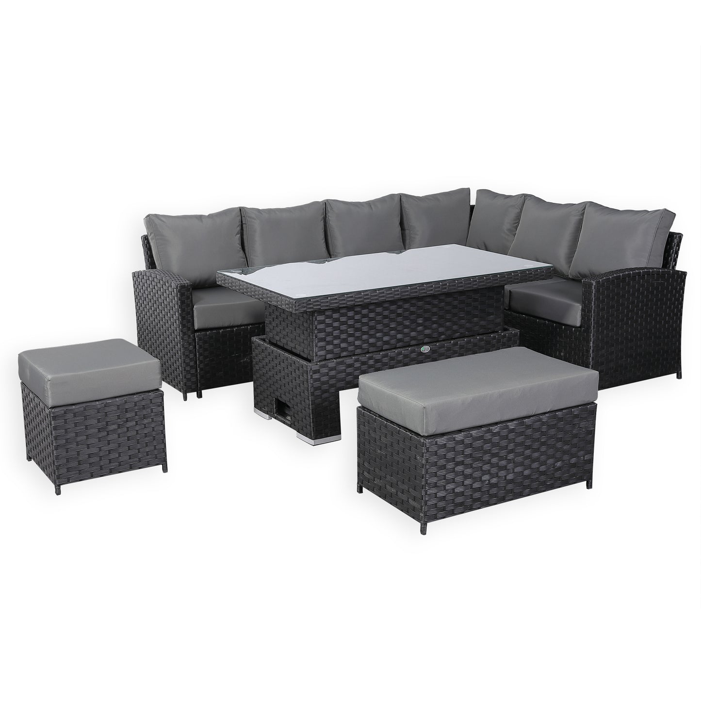 Due in 31/01/25.....Bath Range Right Hand Corner Sofa Set with Rising Table in Large Black Rattan