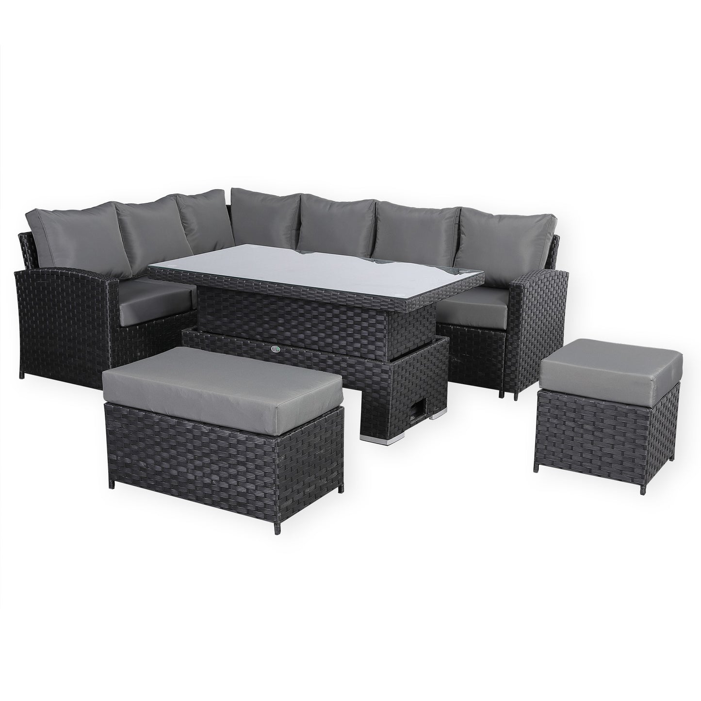 Due in 31/01/25.....Bath Range Left Hand Corner Sofa Set with Rising Table in Large Black Rattan