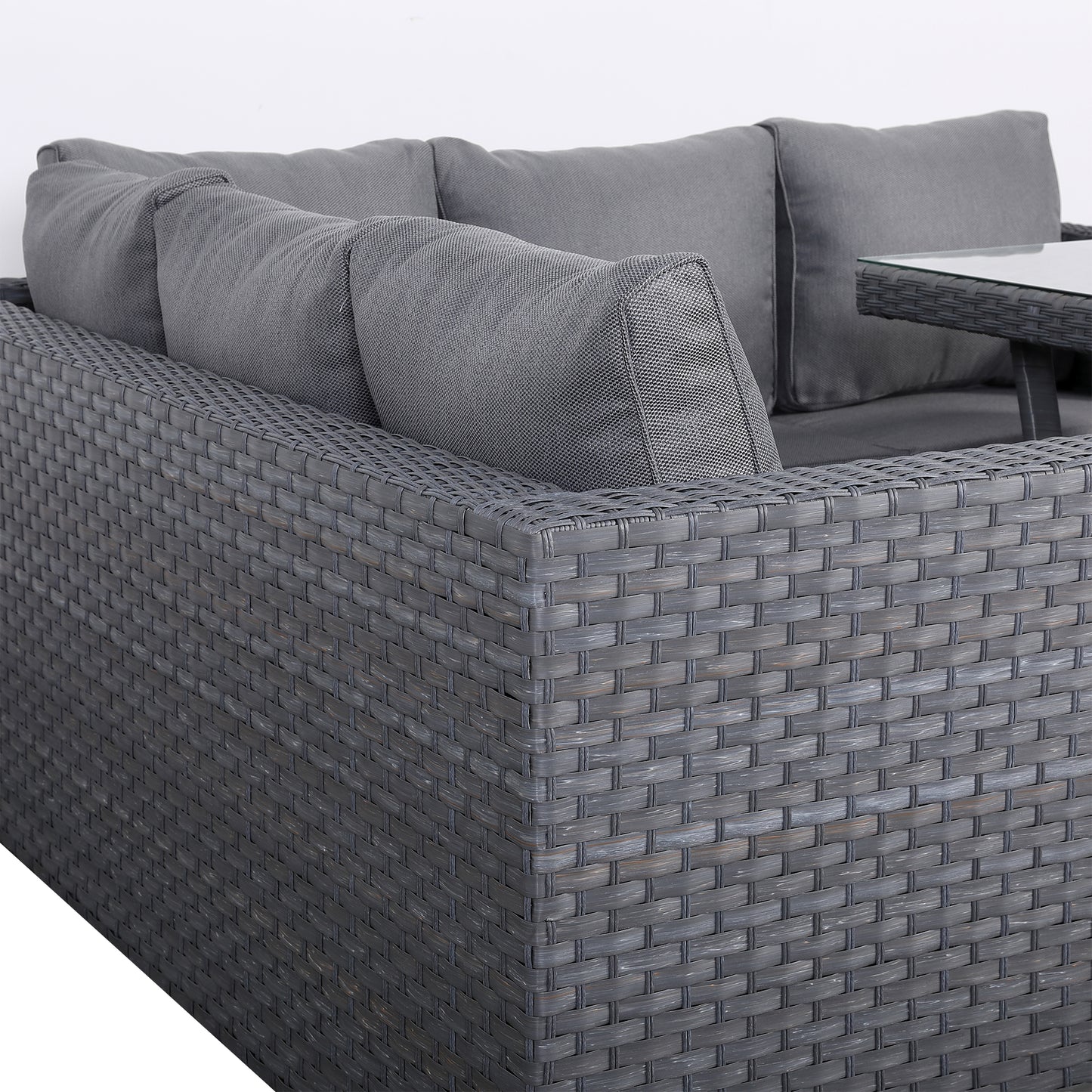 Due in 31/01/25....Isobella Range Compact Corner Sofa with Dining Table in Premium Grey Rattan