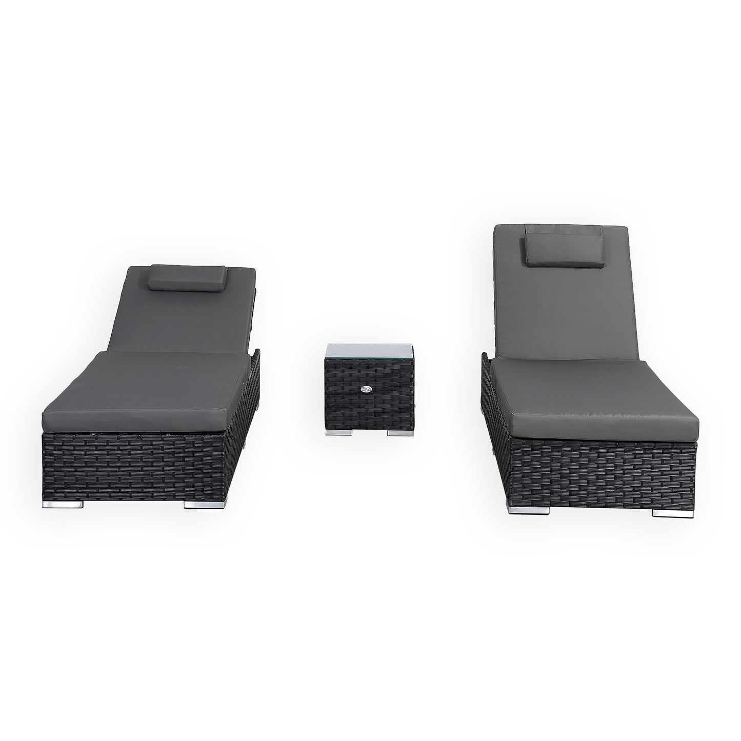 Due in 28/02/25 Bath Range Sun Loungers Set with Side Table in Black Rattan and Grey Cushions(#9016)