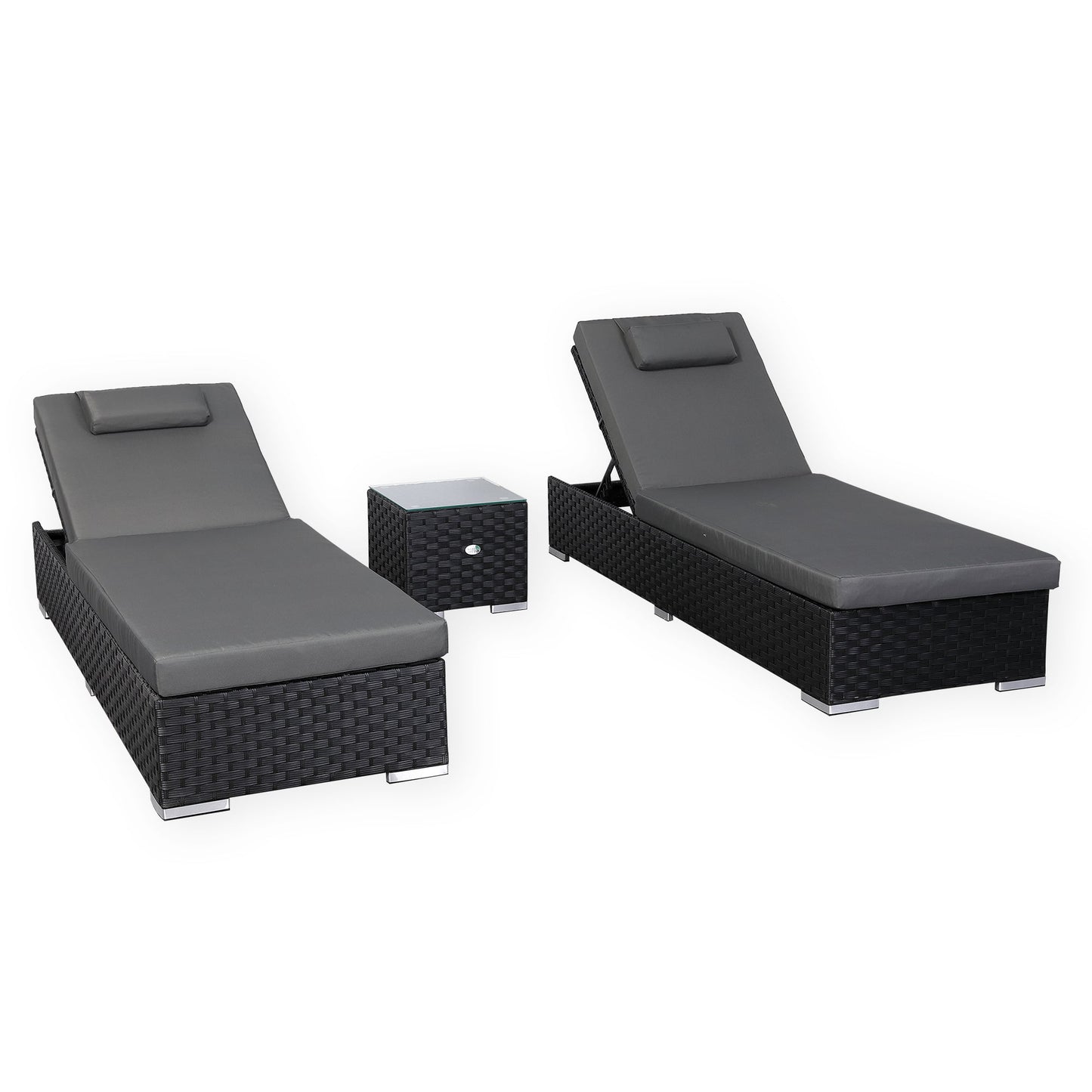 Due in 28/02/25 Bath Range Sun Loungers Set with Side Table in Black Rattan and Grey Cushions(#9016)