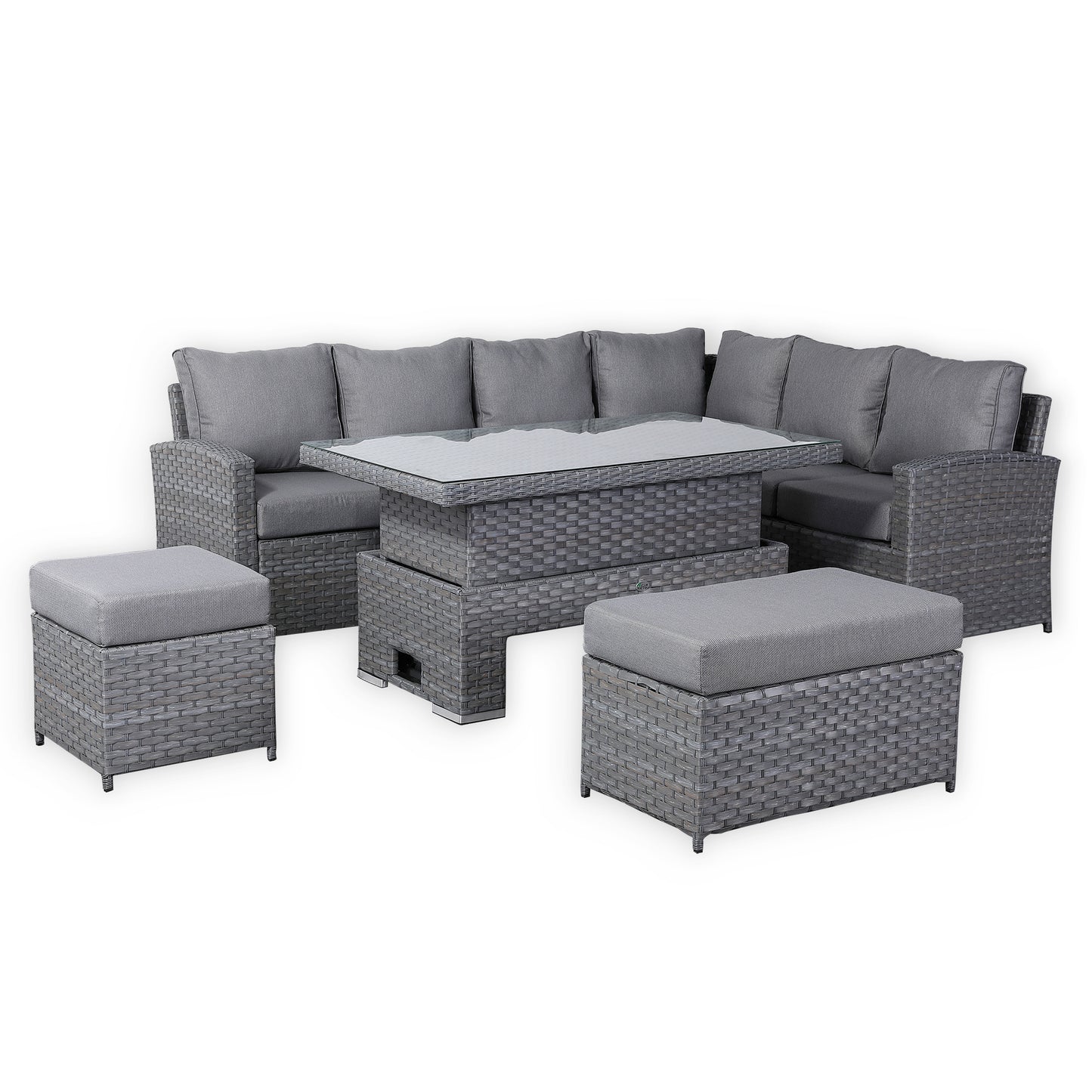 Due in 31/01/25....Isobella Range Right Hand Corner Sofa Set with Rising Table in Preminum Grey Rattan